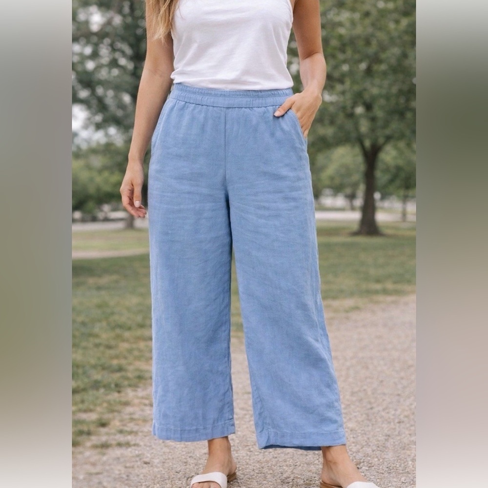 Loft Linen Wide Leg Cropped Linen Blend Chambray Pants